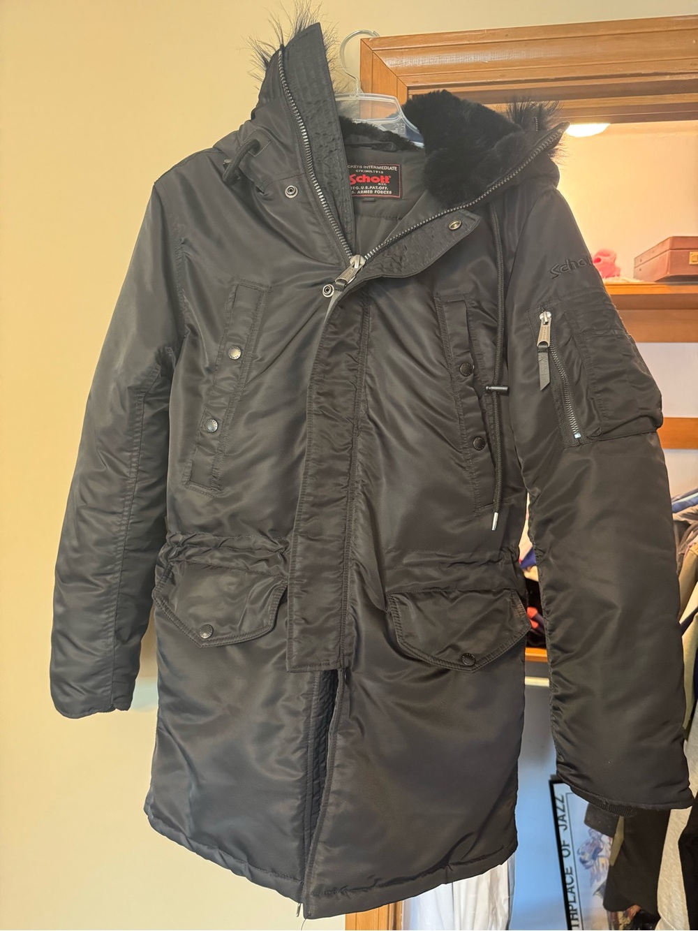 Schott NYC 9838 Black Military Parka Faux Fur Hood XS
